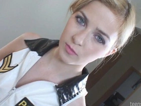 Abigaile's seductive footjob in stockings and hotpants